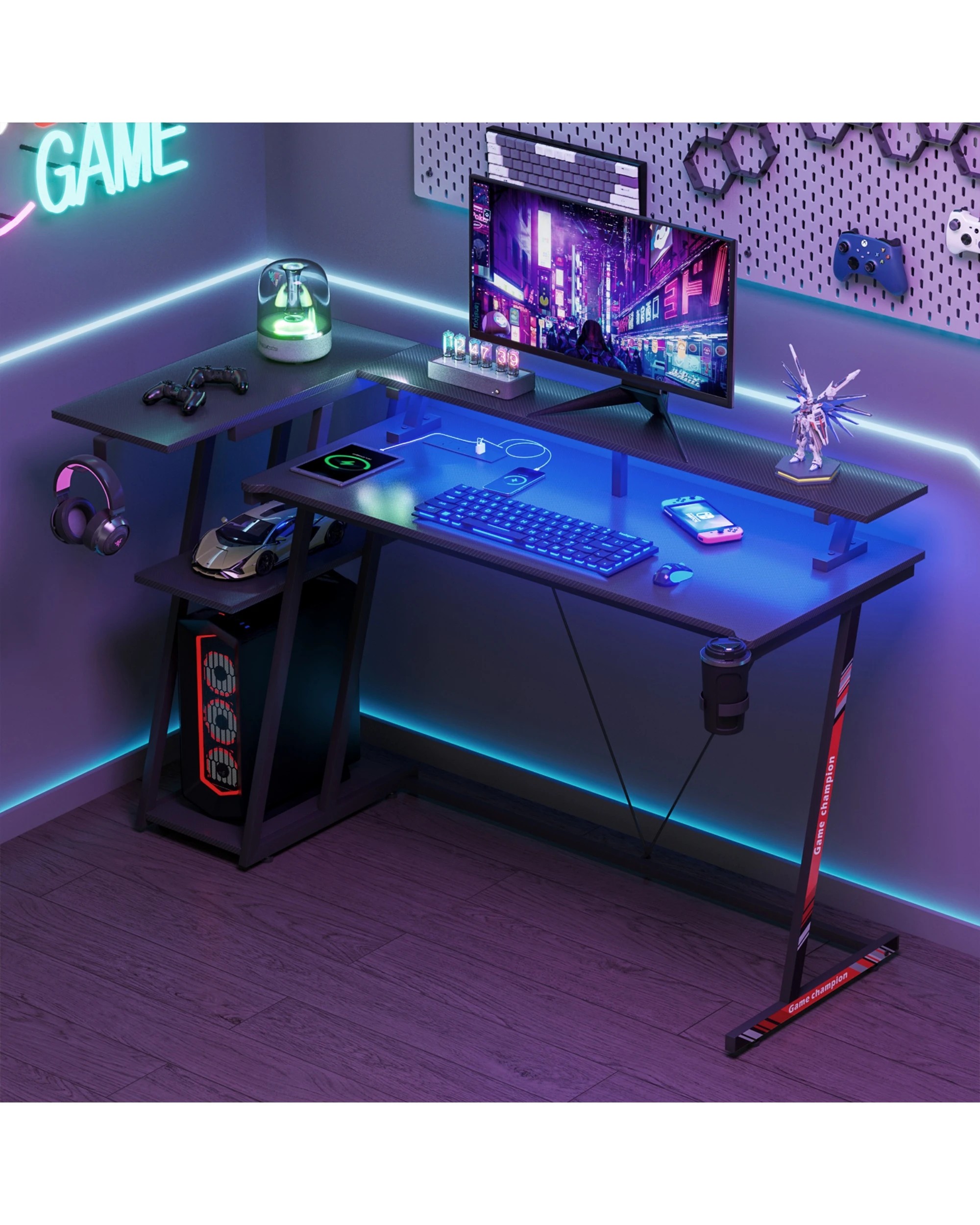 2 Advwin 140cm L Shaped Gaming Desk with LED Lights & Power Outlets Reversible Storage Shelf - Black, 2 of 9