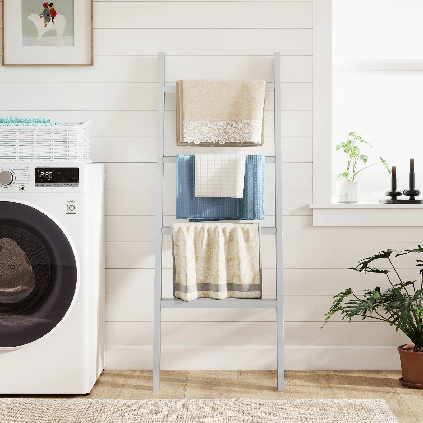 2 Costway 4-Tier Wall Leaning Blanket Ladder Wood Blankets Holder Towel Rack - Grey, 2 of 4