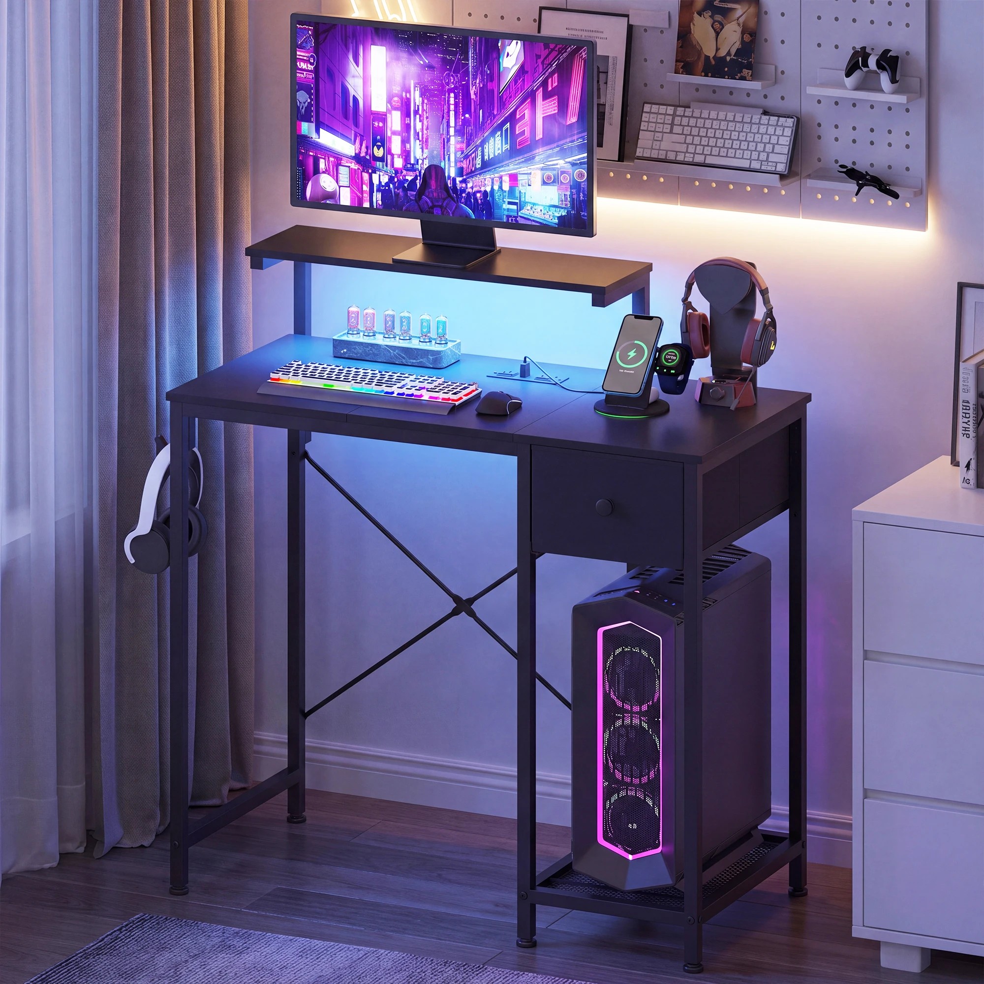 8 Advwin LED Gaming Desk with Adjustable Monitor Stand and Power Outlets Computer Desk with Reversible Shelf - Black, 8 of 9