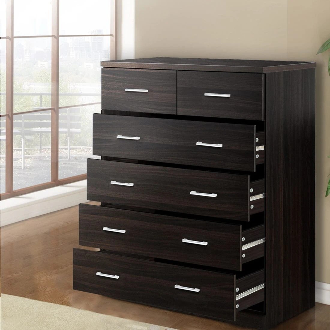 9 Artiss Andes 6 Drawer Tallboy Chest Walnut Finish Metal Runners Spacious Bedroom Storage Organizer Modern Safe - brown, 9 of 10