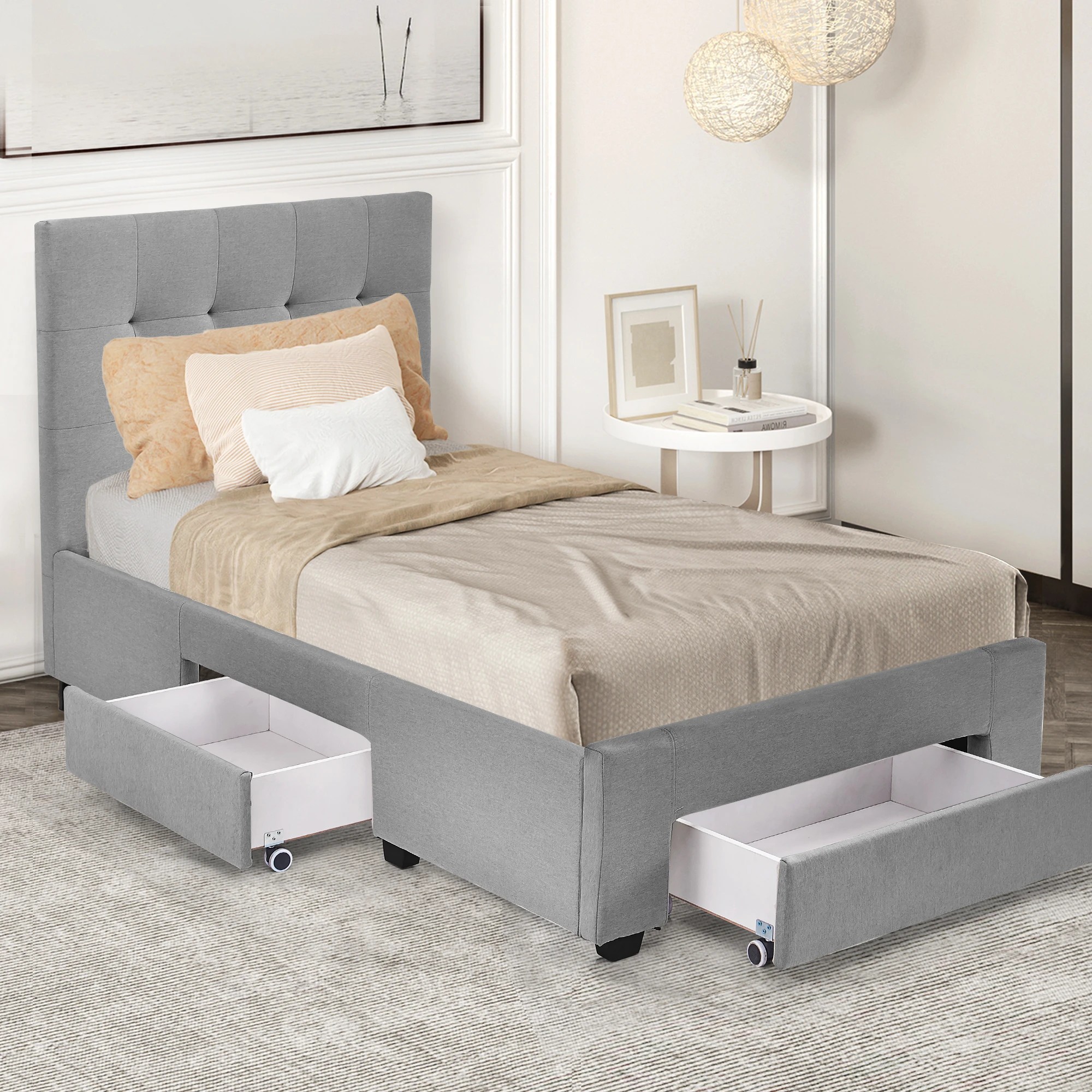 8 Levede Single  Fabric Bed Frame Base With Storage Drawers - Grey, 8 of 9