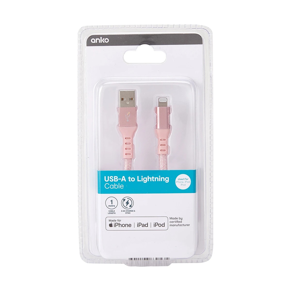 4 USB Lightning Metal Cable 1m - Pink, 4 of 4