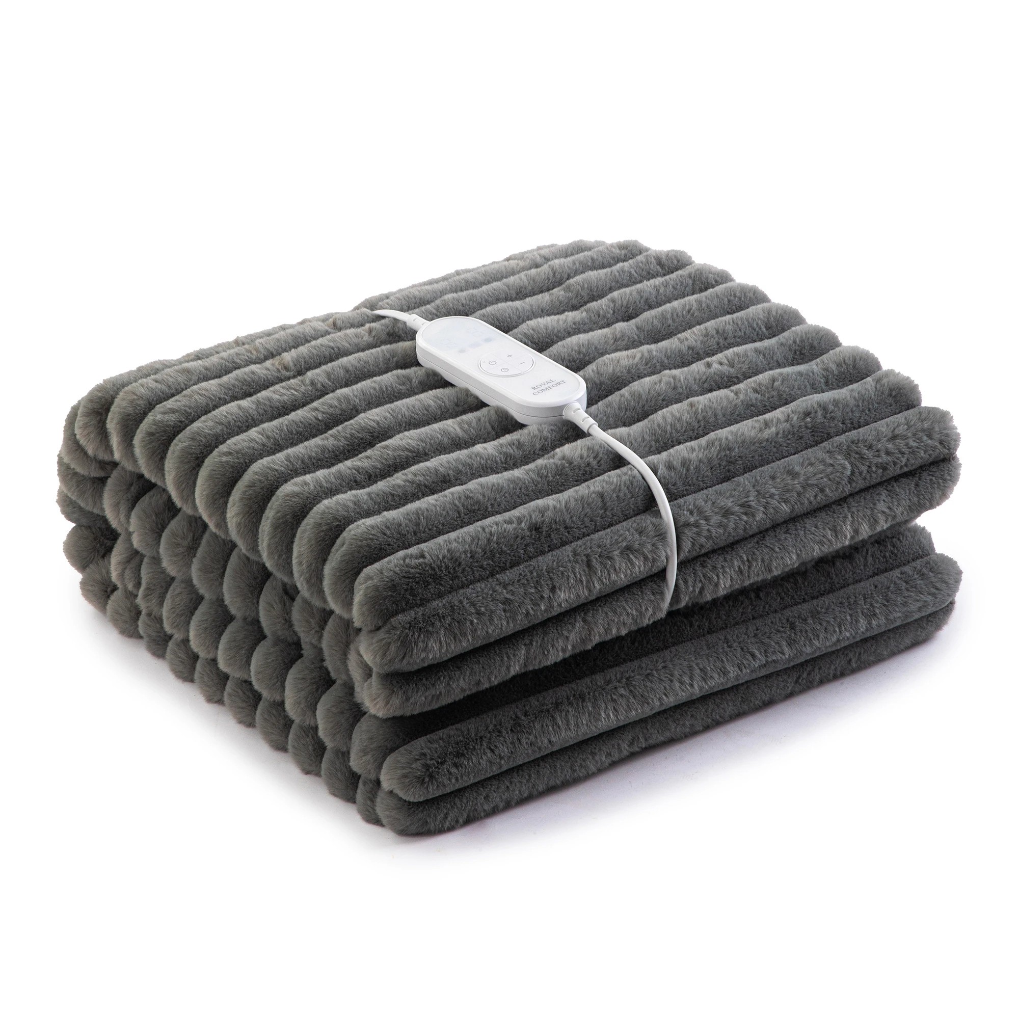 1 Royal Comfort Thermolux Heated Stripe Faux Fleece Throw - Grey, 1 of 7