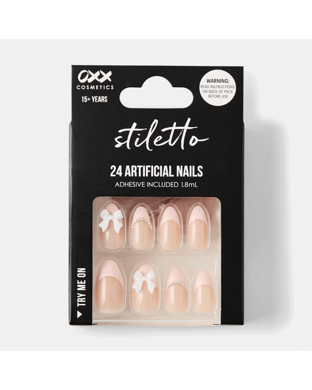 OXX Cosmetics 24 Pack Artificial Nails with Adhesive - Stiletto Shape, 3D