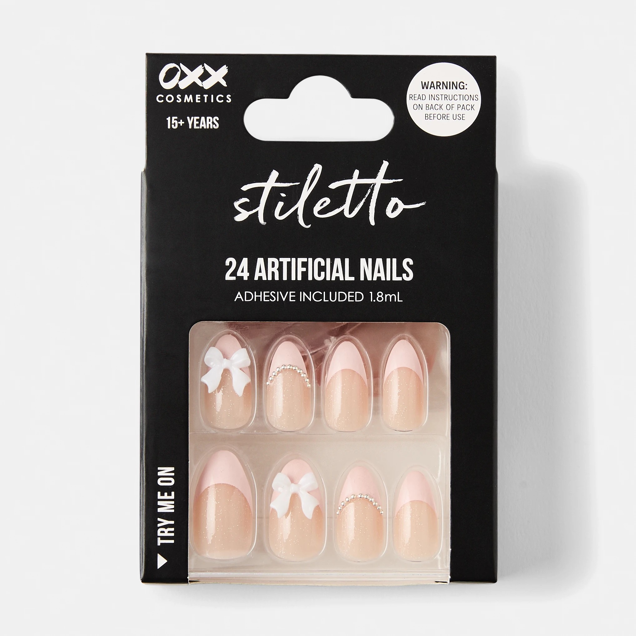 1 OXX Cosmetics 24 Pack Artificial Nails with Adhesive - Stiletto Shape, 3D Bow, 1 of 5
