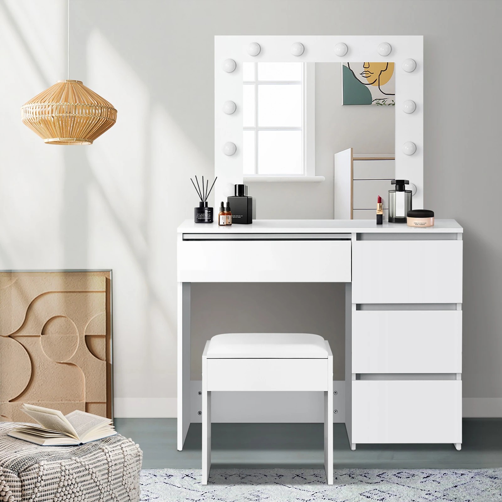 3 Oikiture Dressing Table Stool Set Makeup Desk Mirror Storage 12 Led Bulbs
 - White, 3 of 9