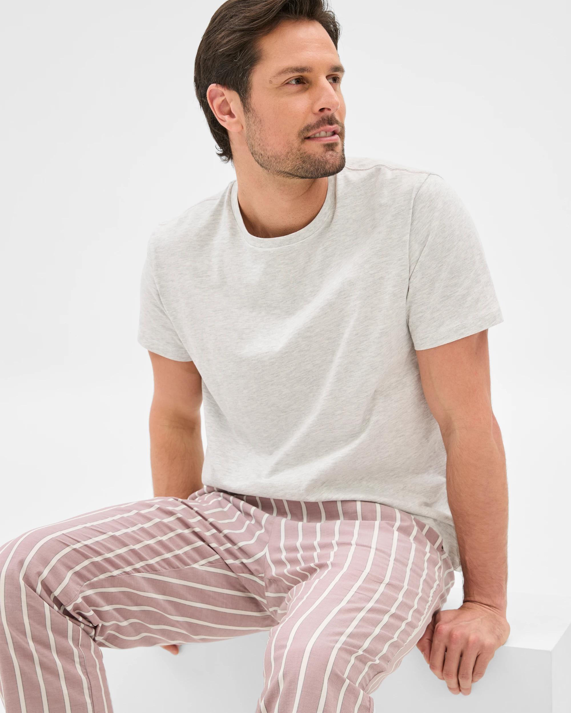 2 Target Mens Australian Cotton Jersey/poplin Pyjama Set GREY MARLE/ RED STRIPE, 2 of 8