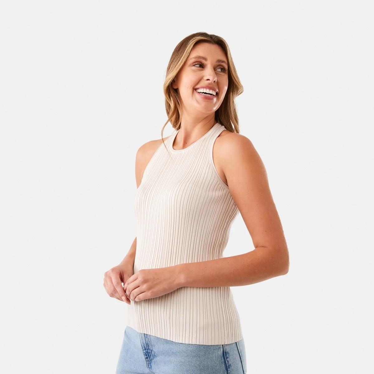 3 Sleeveless True Knit Cross Back Halter Top Nat Beige, 3 of 7