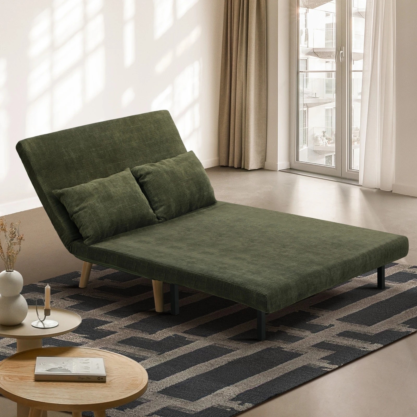 3 Oikiture Sofa Bed Lounge Chair Polyester Recliner Wood Leg 2 Seater
 - Green, 3 of 8