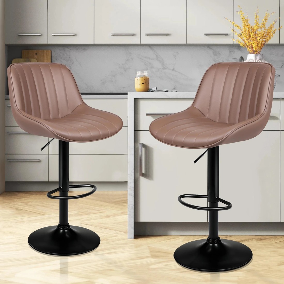 2 Alfordson 2x Bar Stools Gas Lift Leather Bar Chairs Kitchen Swivel Wendy - Brown, 2 of 9