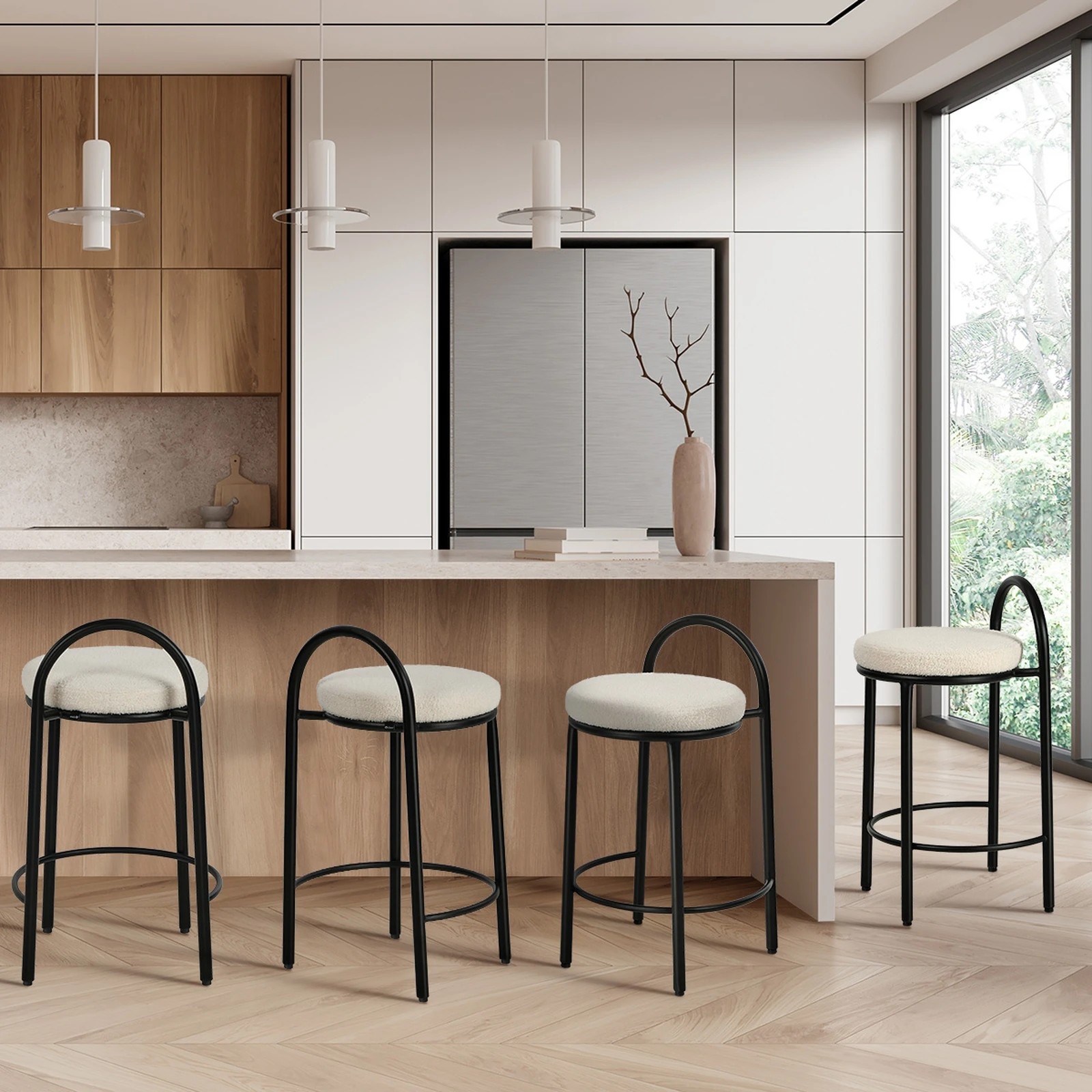 4 Oikiture 4x Bar Stools Dining Chairs Round Counter Seat Boucle - White, 4 of 9