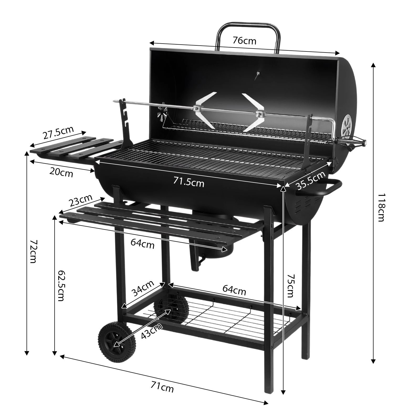 3 Ausway Charcoal BBQ Grill Trolley with Rotisserie Spit for Outdoor Camping & Backyard Barbecues, 3 of 7