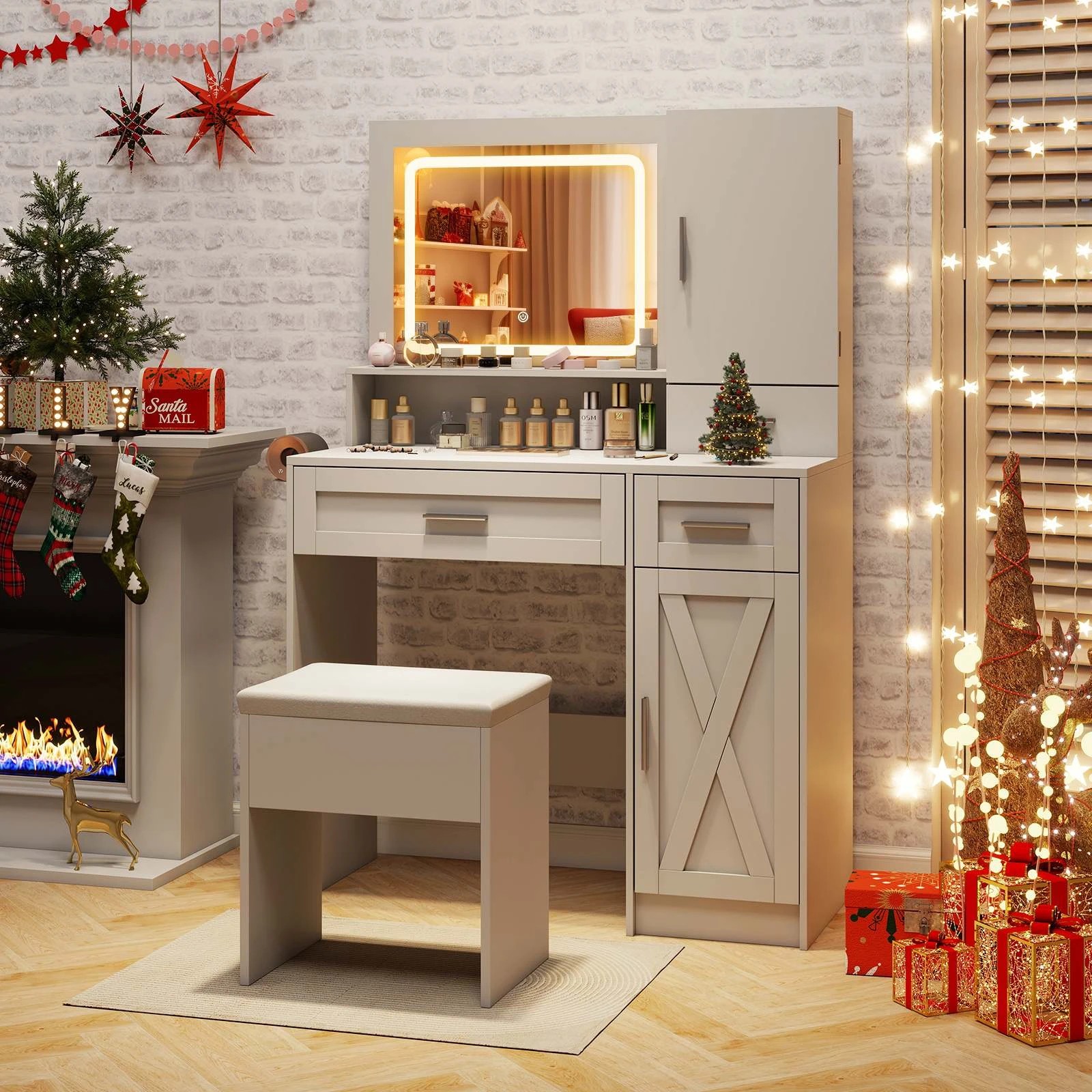 3 Costway Dressing Table Makeup Vanity Table and Stool Set w/Mirror & 3-Color LED Lights, 3 of 4