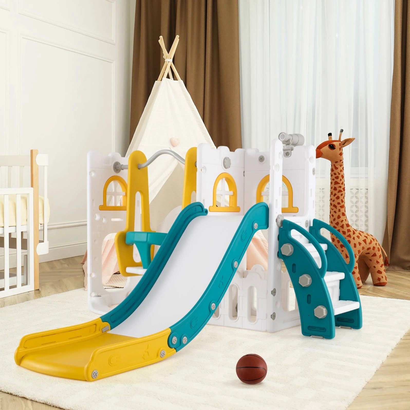 3 Costway 7-in-1 Kids Swing & Slide Set w/Water Sand Filled Base - Yellow, 3 of 3