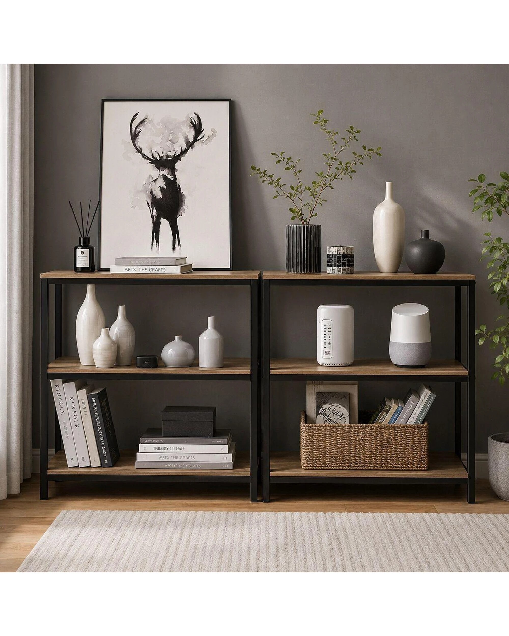 9 Rome Set of 2 Industrial Style 3-Tier Storage Bookshelf Oak, 9 of 10