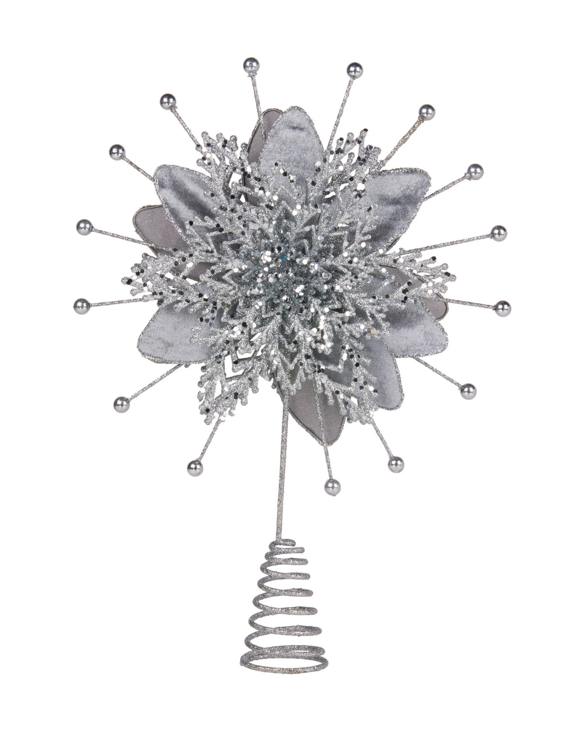 1 Christabelle Christmas Tree Topper Poinsettia Decoration Ornament Shimmering Silver Glittered Petals, 1 of 4