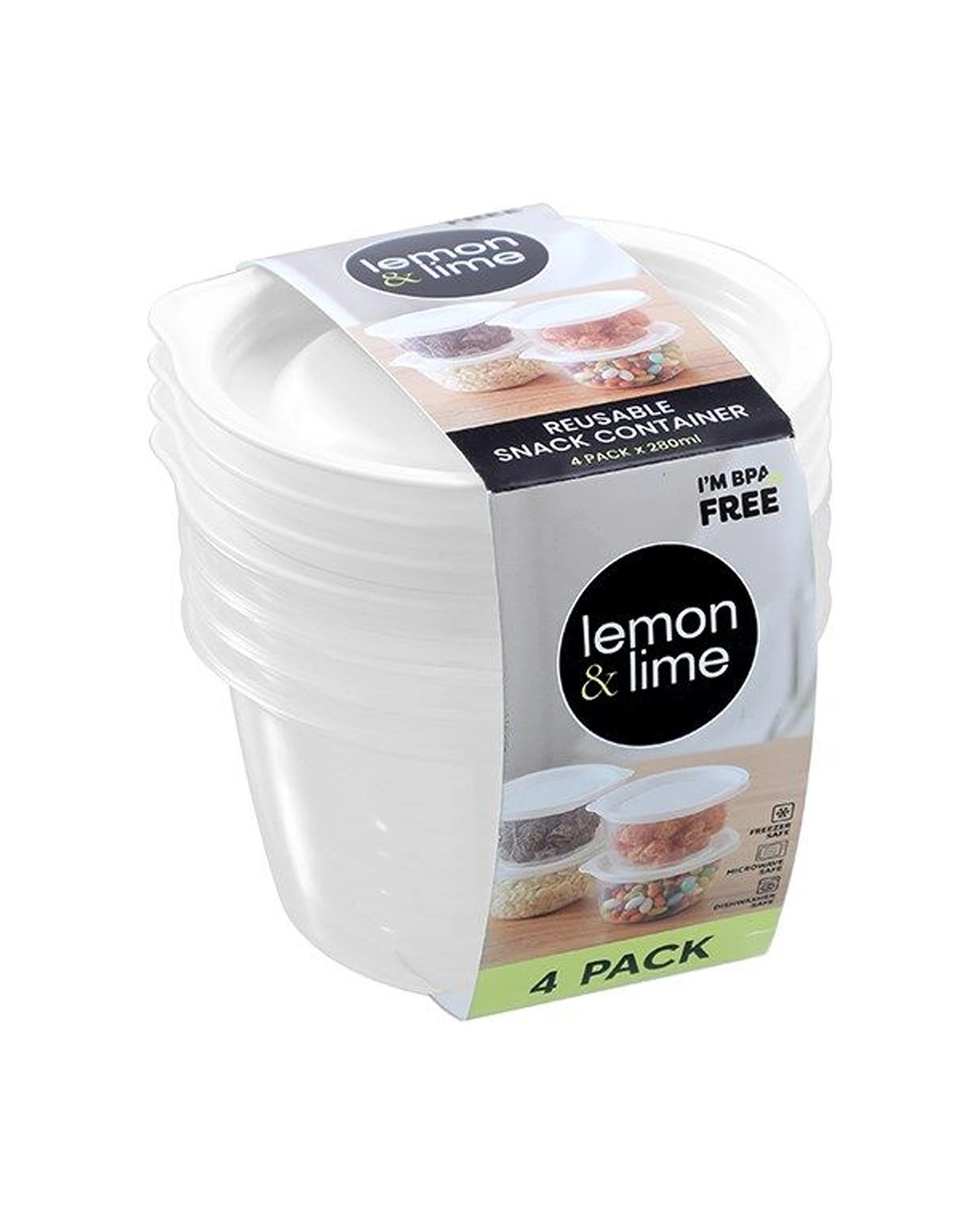 2 Lemon & Lime 12x 4PC Reusable Portable Round Lunch Snack Container 280ml Set - White, 2 of 6