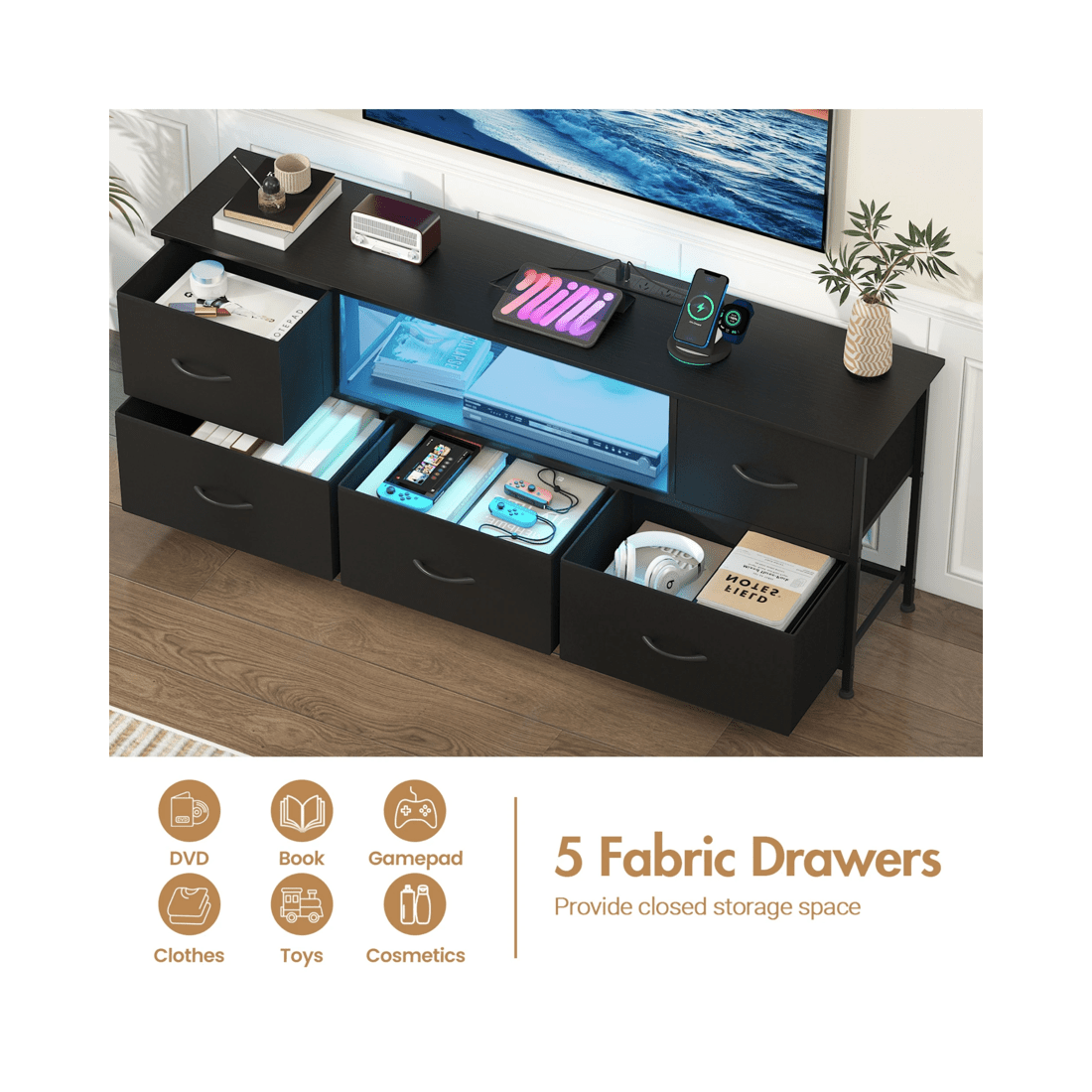 5 Advwin Tv Cabinet 140cm Led Entertainment Unit W/charging Station & Drawer Tv Stand Media Console Table Black, 5 of 10