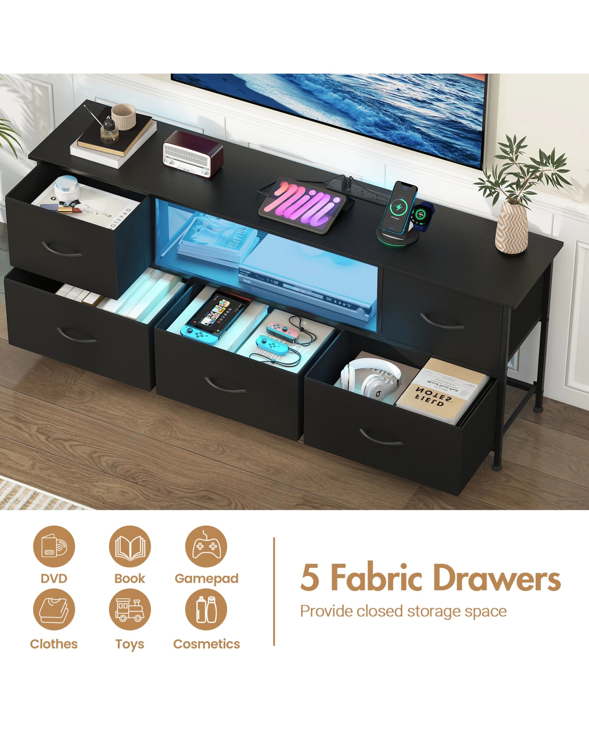 5 Advwin Tv Cabinet 140cm Led Entertainment Unit W/charging Station & Drawer Tv Stand Media Console Table Black, 5 of 10