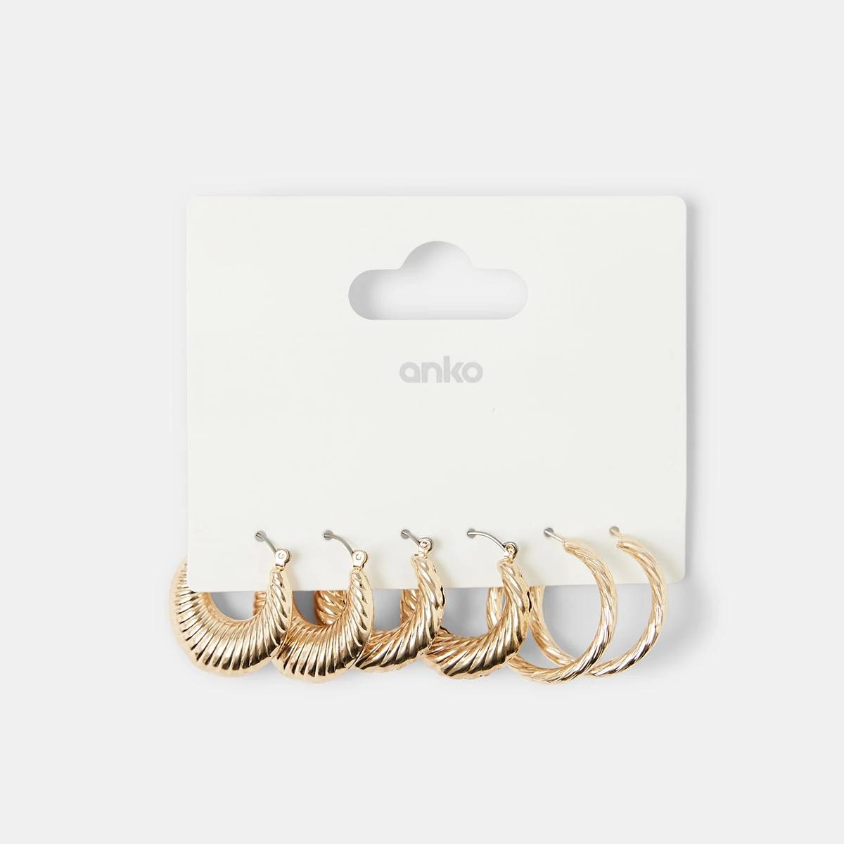 5 3 Pack Textured Hoop Earrings Gold, 5 of 7