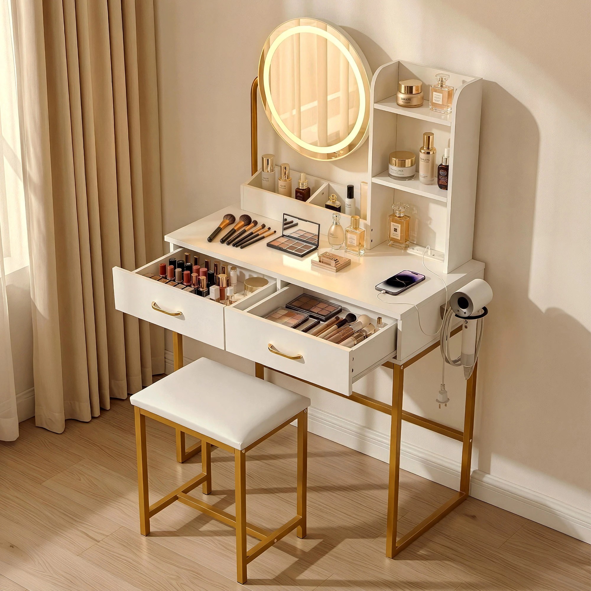 6 Artiss Dressing Table Charging Station LED Vanity Desk Set Stool Make up Mirror Storage Drawer - Multi, 6 of 9