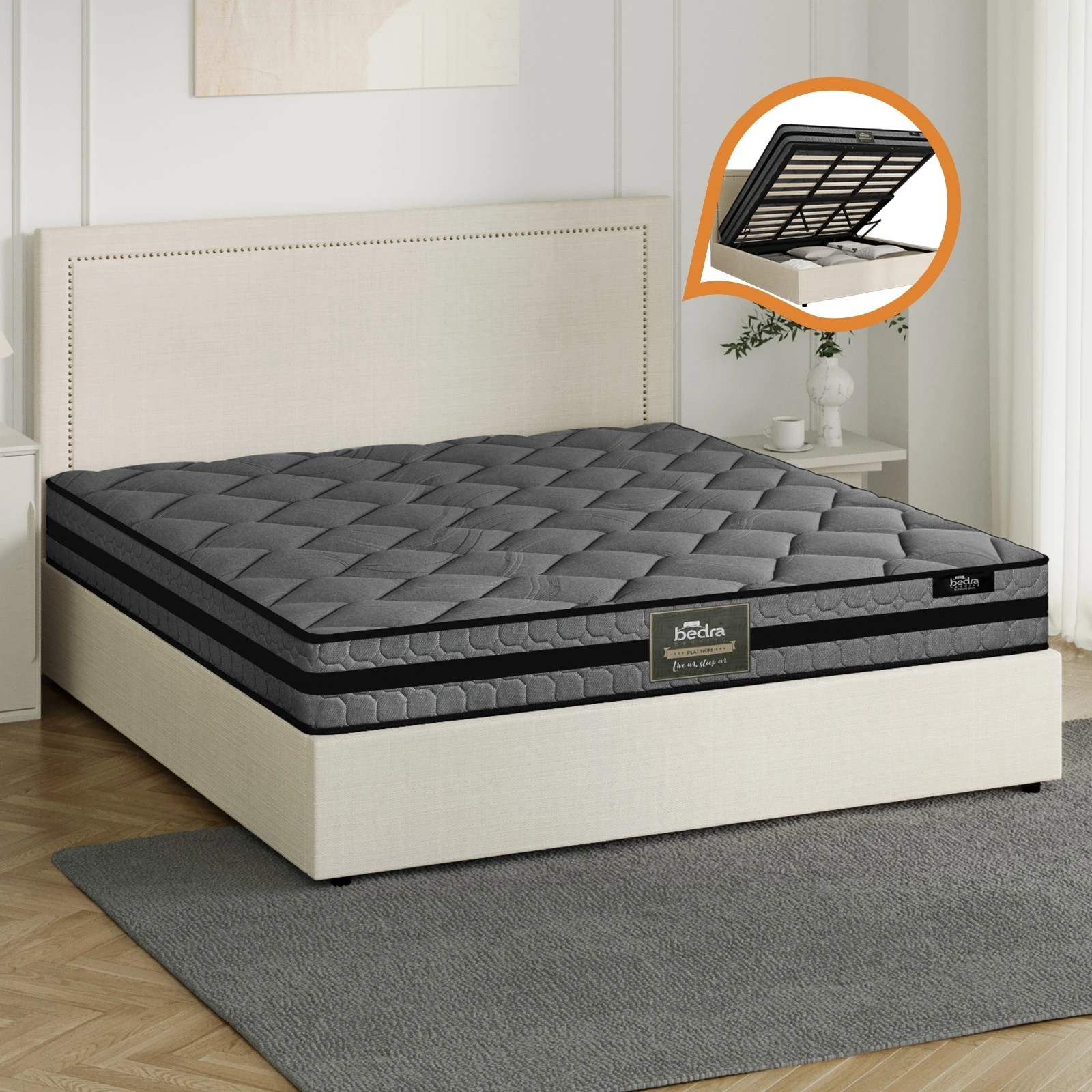 3 Oikiture Bed Frame King Size Gas Lift Storage Beds With Mattress Set ADI - Beige, 3 of 8