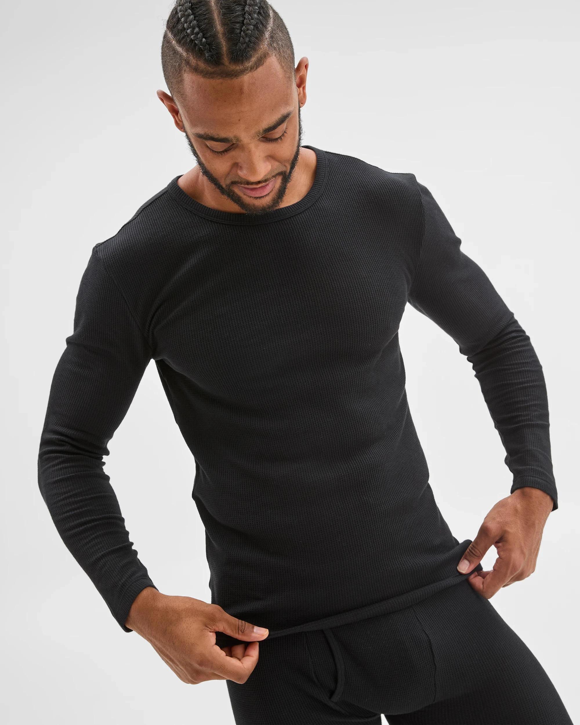 1 Maxx Australian Cotton Blend Long Sleeve Waffle Thermal Top BLACK, 1 of 6