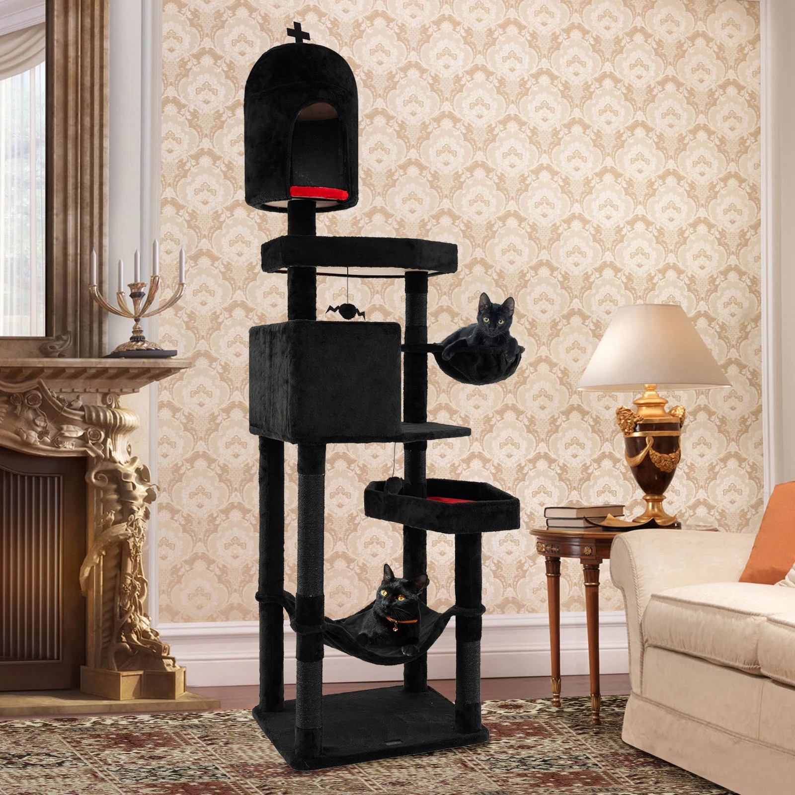 2 Costway Gothic Cat Tree Halloween Extra Large Cat Tower w/Spooky Dangling Balls, 2 of 5