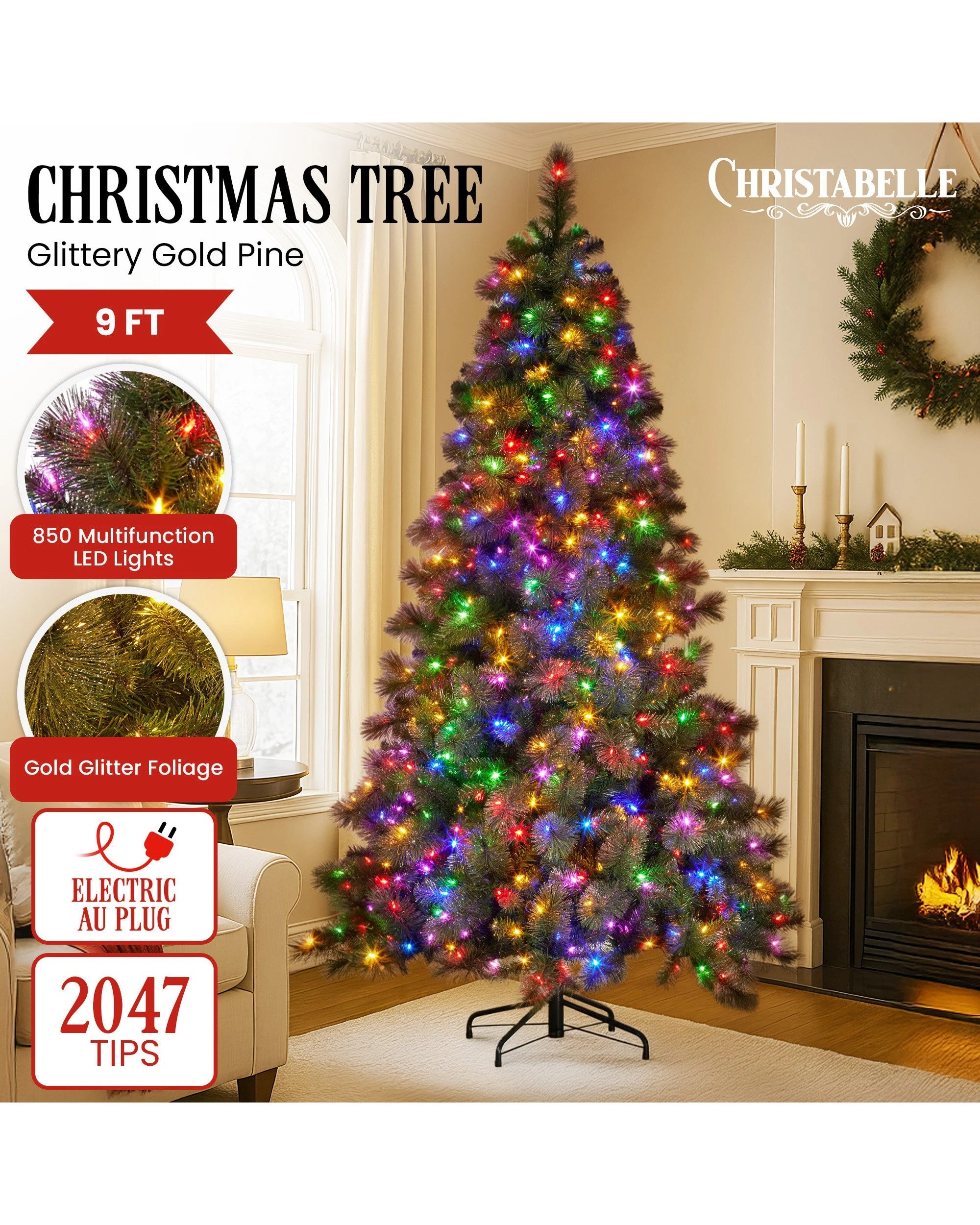 2 Christabelle 9ft Christmas Tree Glittery Gold Pine Needles 850 Led Multi-functional Lights Xmas Decor, 2 of 6