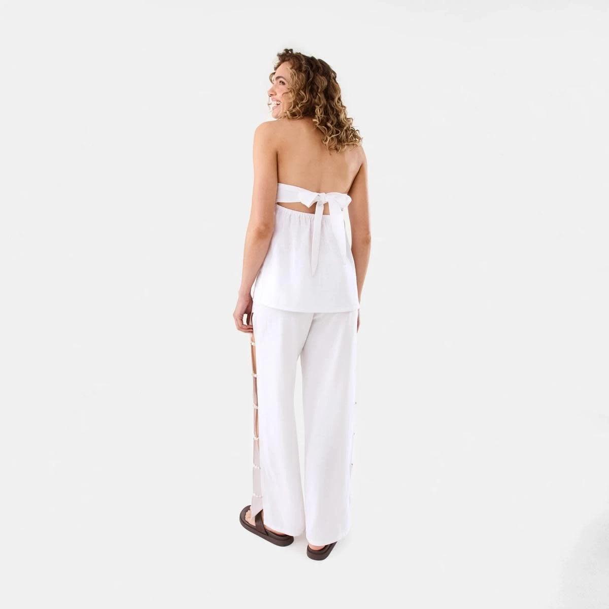 6 Strapless Tie Back Linen Blend Top WHITE, 6 of 10