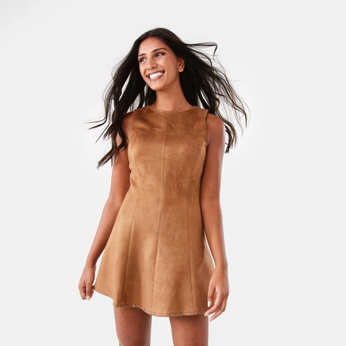 1 Suedette Mini Dress DEEP CAMEL, 1 of 10
