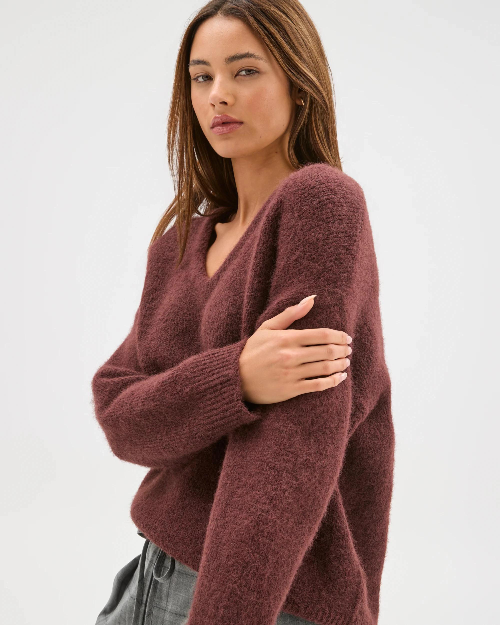 3 Lily Loves V-Neck Fluffy Knit Jumper BURGUNDY, 3 of 6