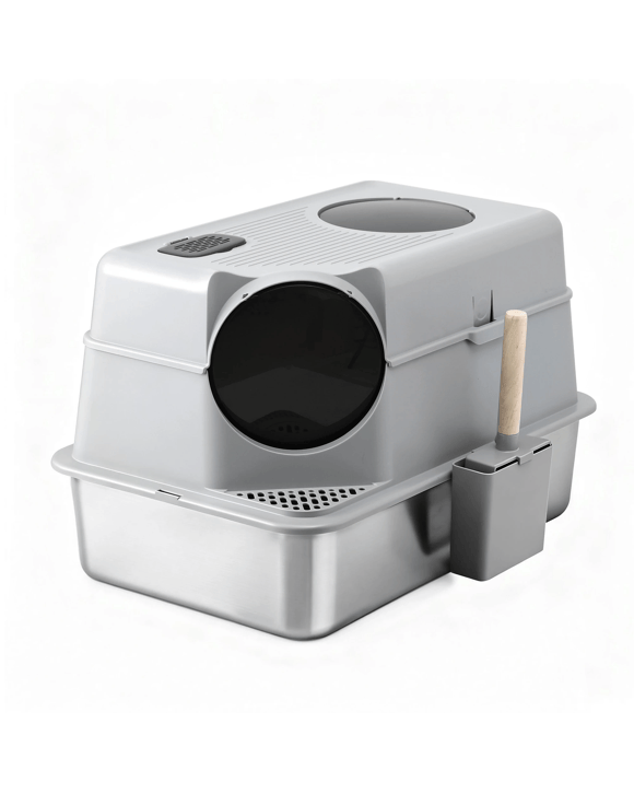i.Pet Cat Litter Box Large Stainless Steel High Sided Pet Toilet Odour Control - White