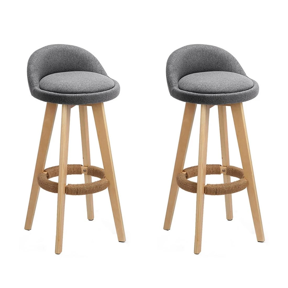 1 Artiss Set of 2 Linen Bar Stools Wooden Frame Rope Footrest Sturdy Stable Seating Comfortable Kitchen Counter - Grey, 1 of 7