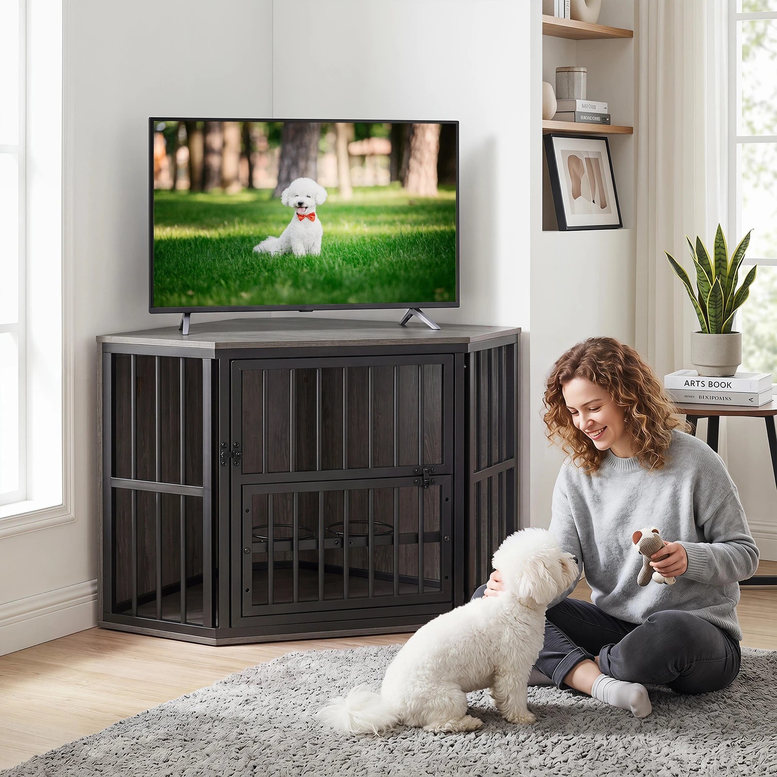 5 Costway Corner Dog Crate 2-in-1 Dog Kennel & TV Stand w/Dog Bowl Rack - Grey, 5 of 6