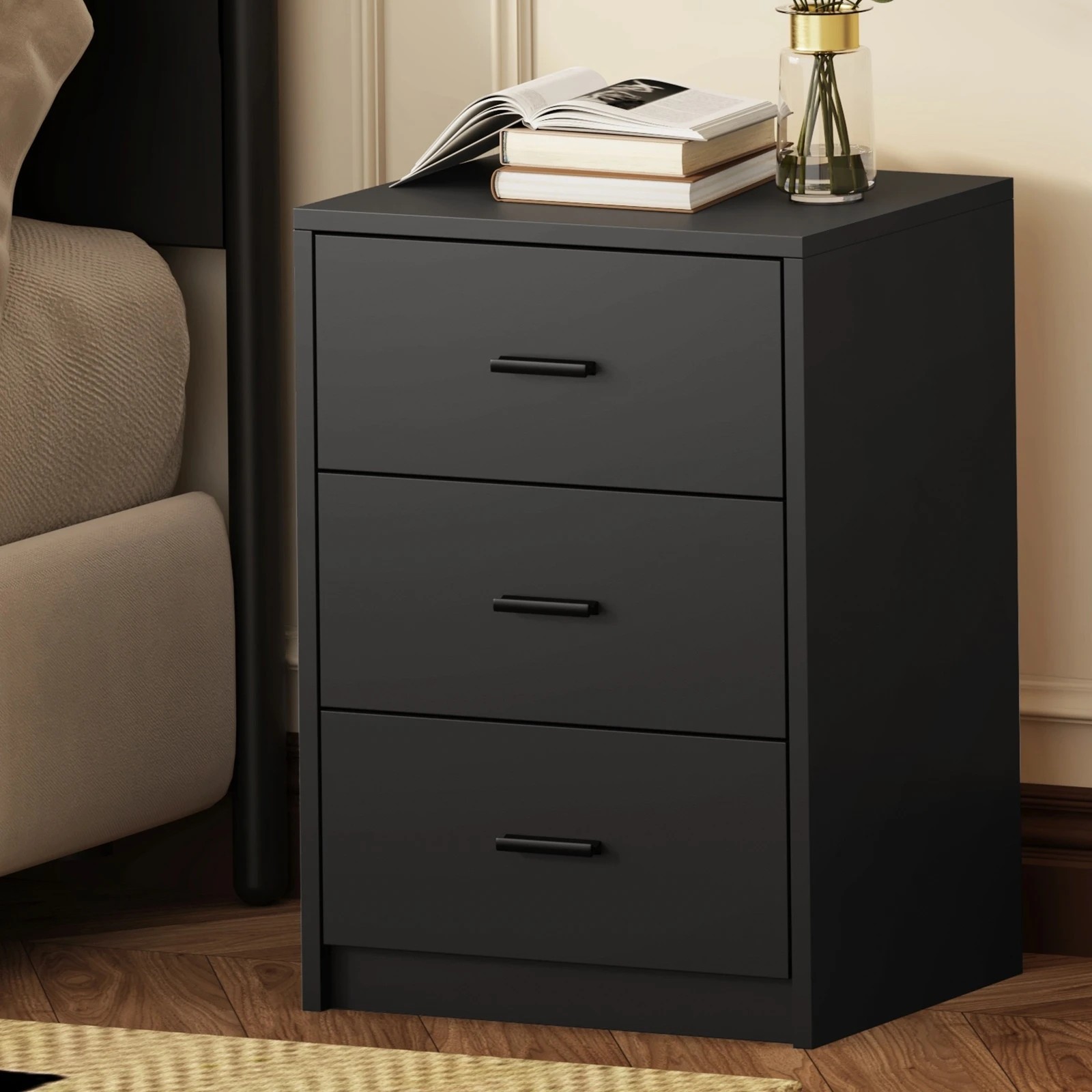 3 Oikiture Bedside Table 3 Drawers Nightstand Bedroom Storage Side End - Black, 3 of 9