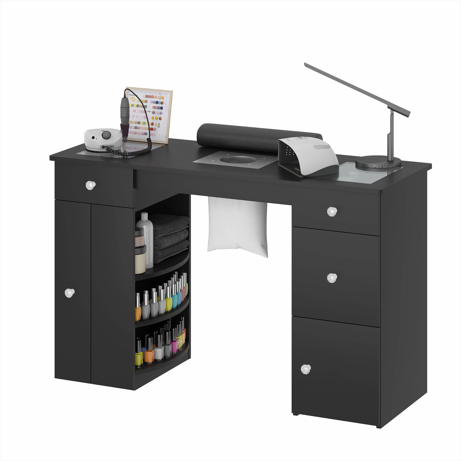 1 Advwin Manicure Table With Dust Collector Glass Top Acetone Resistant Drawers Shelves - Black, 1 of 4