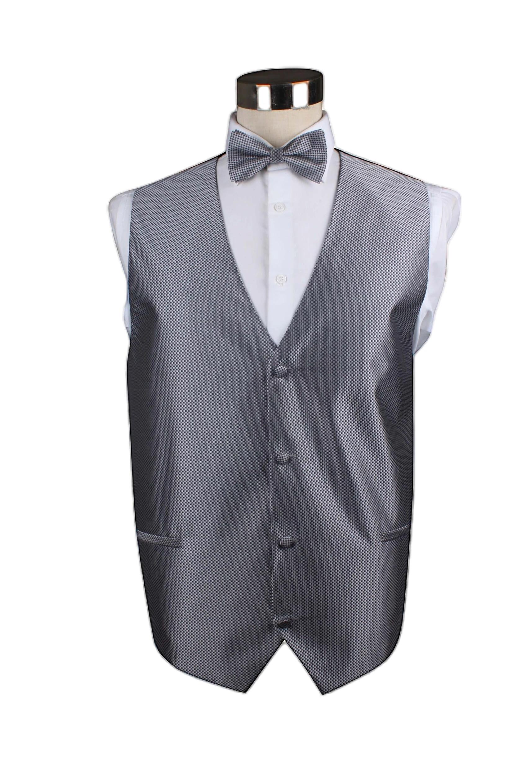 1 Zasel Mens Checkered Patterned Vest Waistcoat & Matching Bow Tie DARK SILVER, 1 of 1
