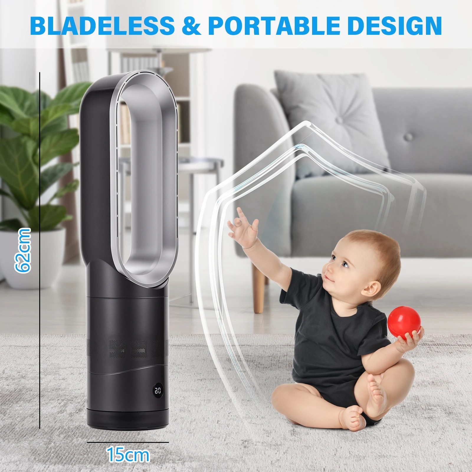 3 Advwin Bladeless Tower Fan, 8 Speeds, 9H Timer, Remote & Touch Control, 80° Oscillating, Portable Floor Fan for Bedroom, 3 of 6