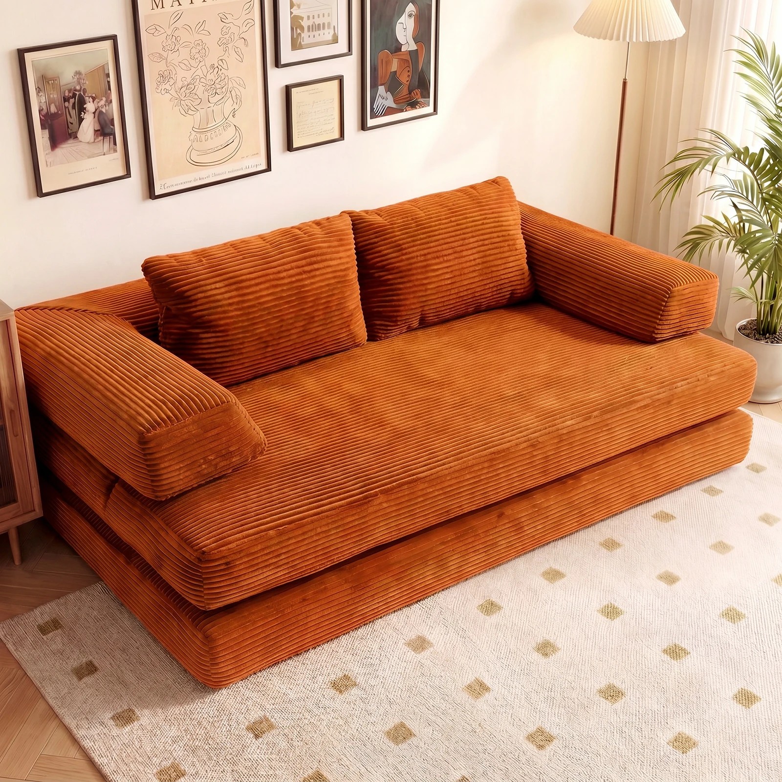 3 Advwin Folding Sofa Bed 5 in 1 Convertible Floor Loveseat Fold Out Corduroy Sleeper Couch- Orange, 3 of 7