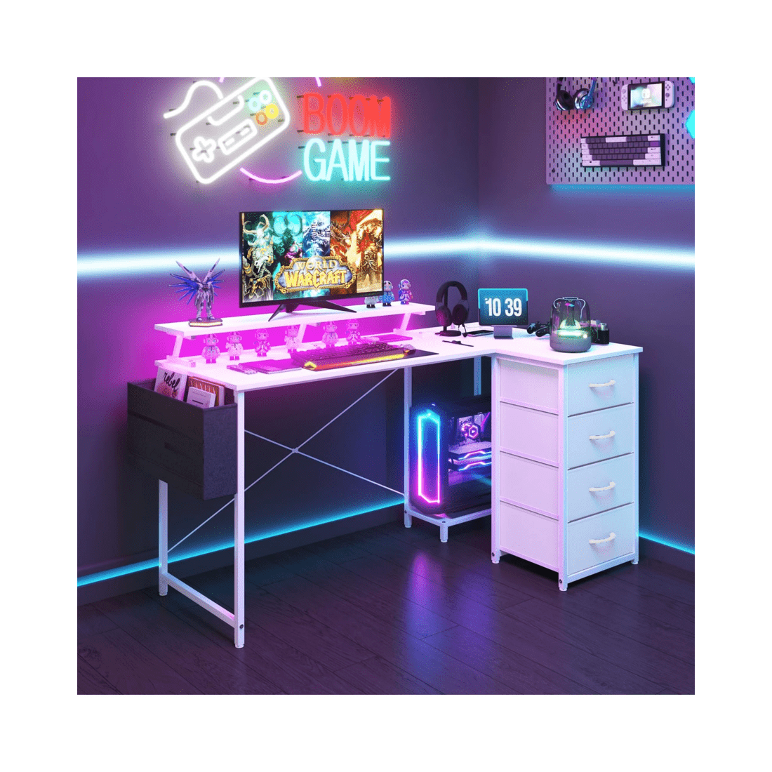 9 Advwin L Shaped Gaming Desk With Led Lights & Power Outlets 160cm Convertible Computer Desk With Monitor Stand White, 9 of 10