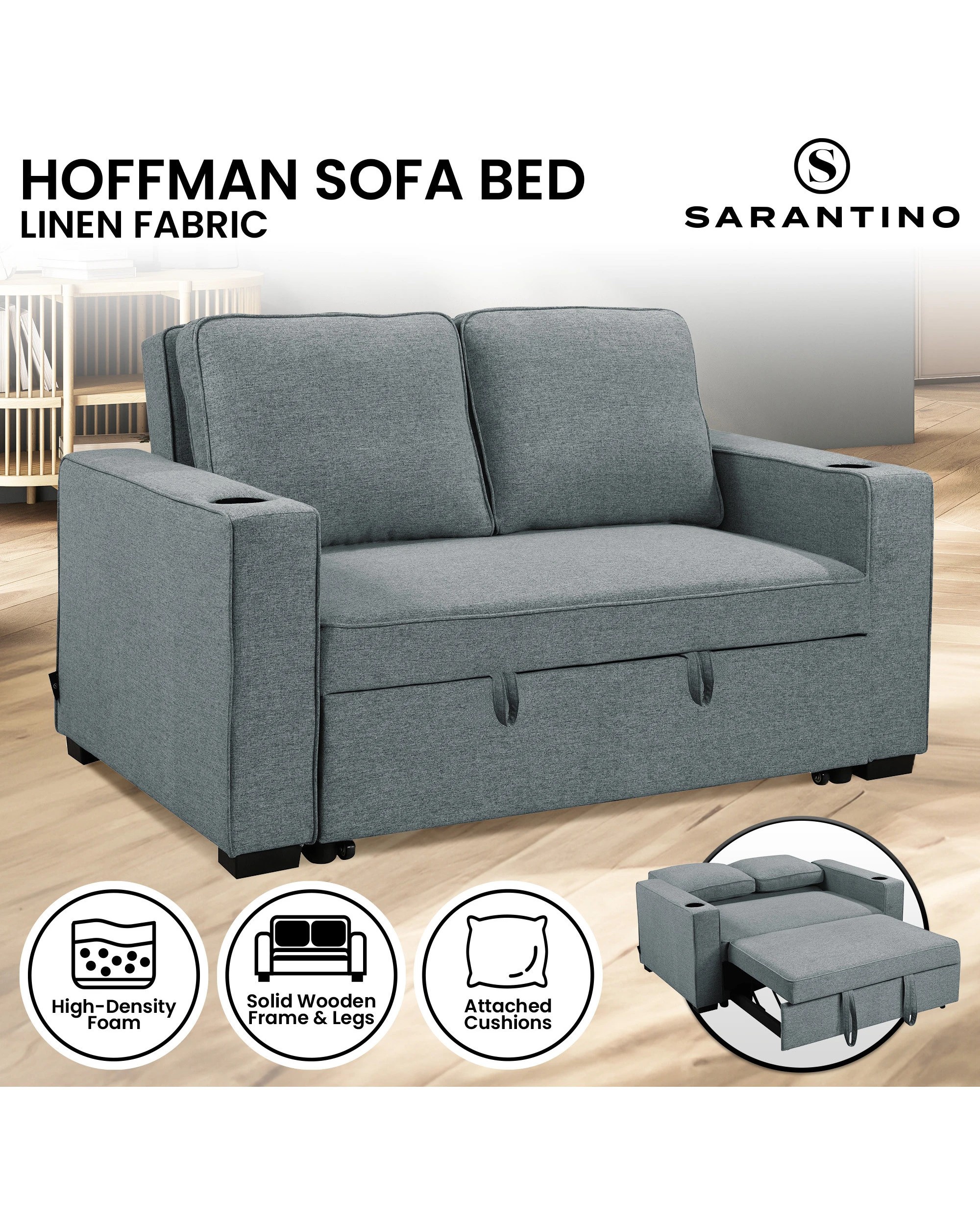 6 Sarantino Hoffman Linen Sofa Bed With Cushions And Cup Holders Airforce Blue, 6 of 10