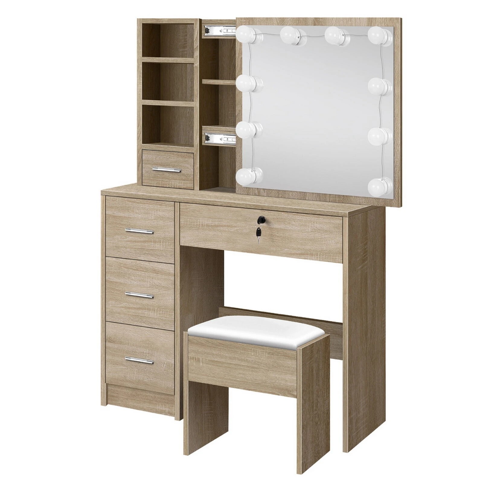 1 Alfordson Dressing Table Stool Set Makeup Vanity Desk LED 10 Bulbs - Oak, 1 of 10