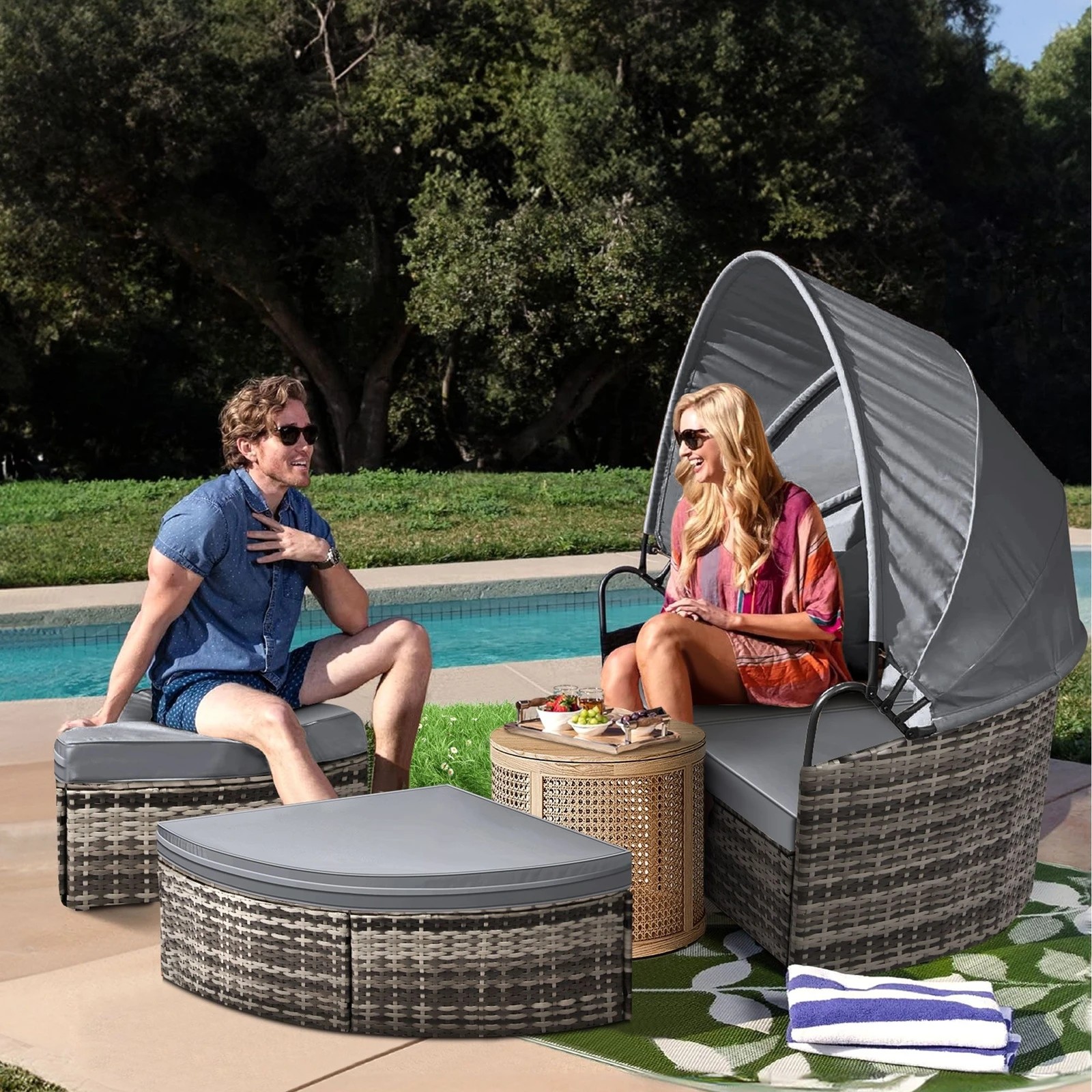 10 Alfordson Outdoor Sun Lounge Day Bed Wicker Furniture Sofa Bed Garden 3PCS - Grey, 10 of 10