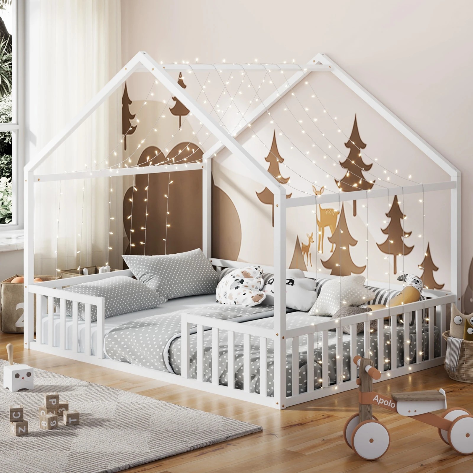 3 Oikiture Double House Bed Kids Wooden Bed Frame - White, 3 of 10