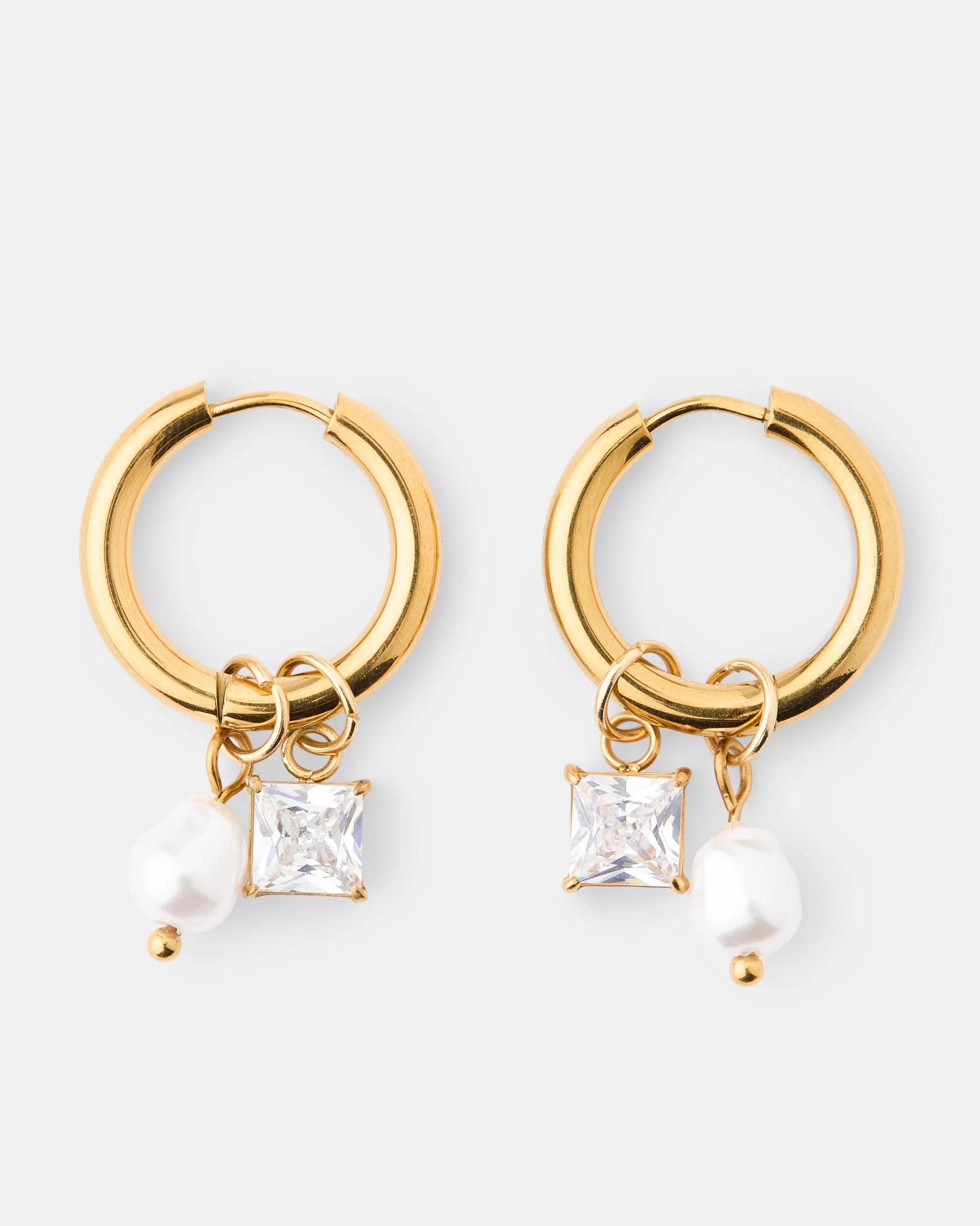 1 Waterproof Stainless Steel Faux Pearl Drop Hoop Earrings - Gold Tone Gold, 1 of 5