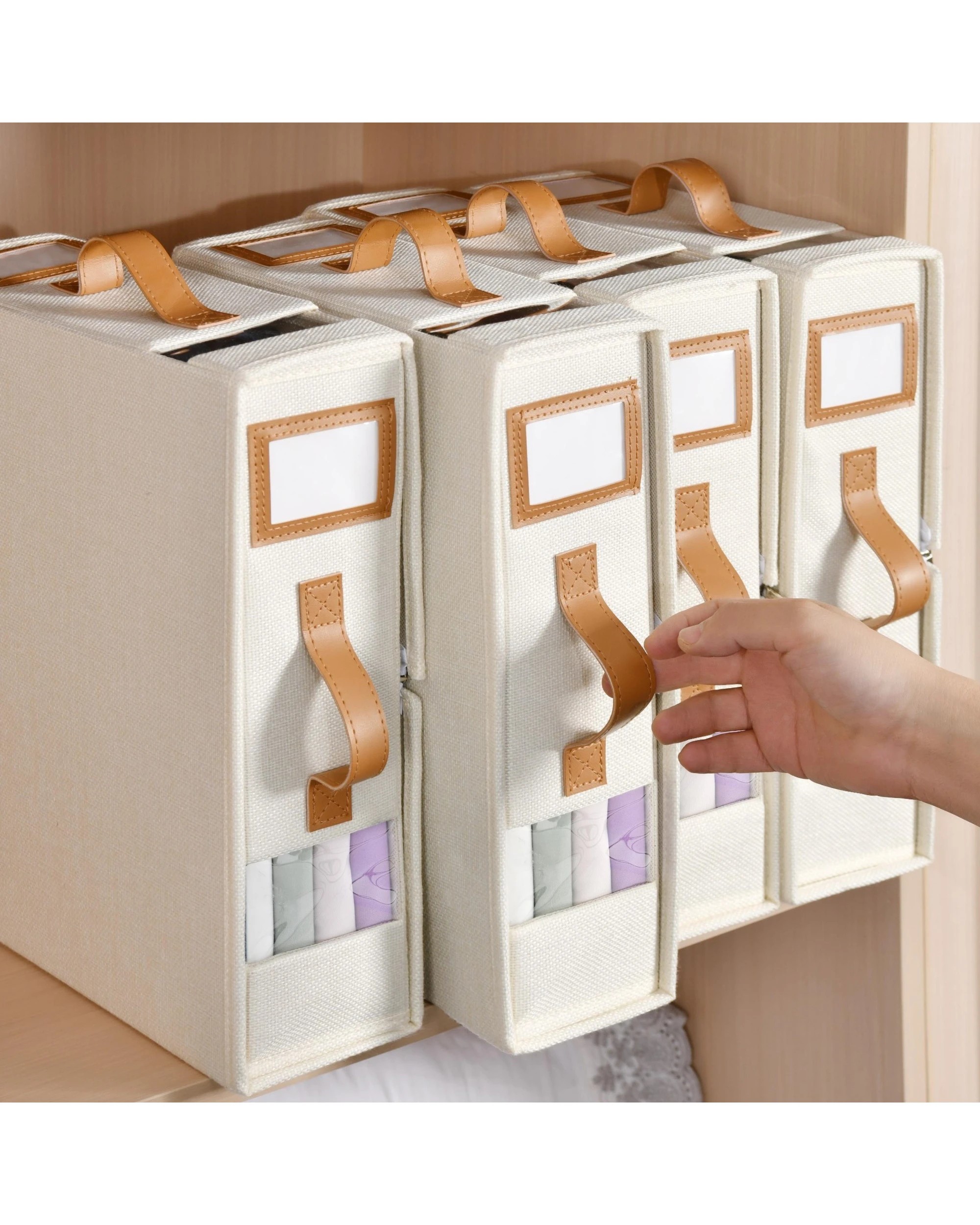 1 Takara Faux Linen Bed Linen Storage Organiser 4 Pack Small - Beige, 1 of 10