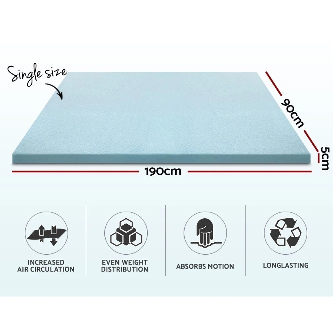 2 Giselle Bedding Memory Foam Mattress Topper Cool Gel 5cm Single - Blue, 2 of 8