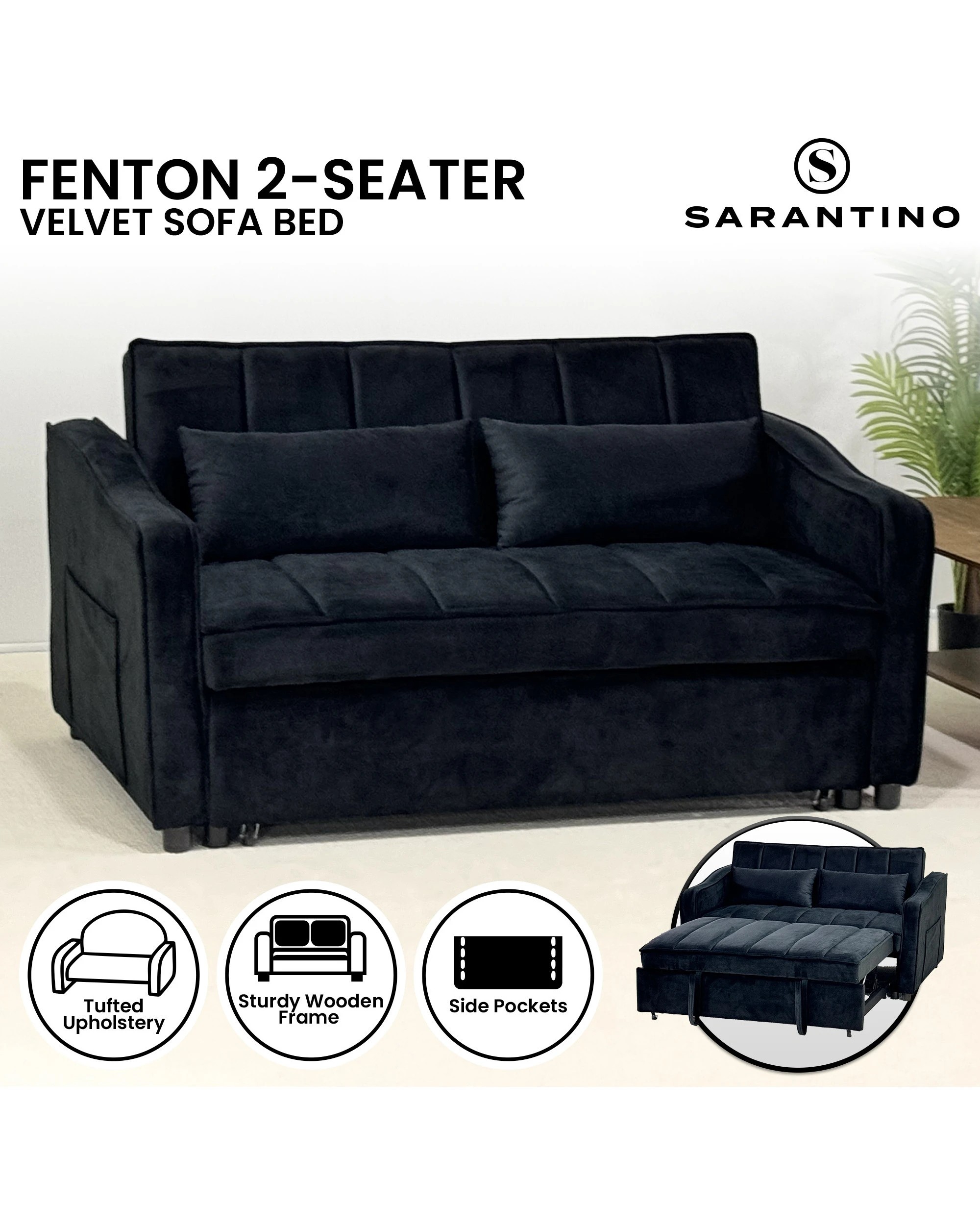 9 Sarantino Fenton Velvet 2-Seater Sofa Bed - Black, 9 of 9