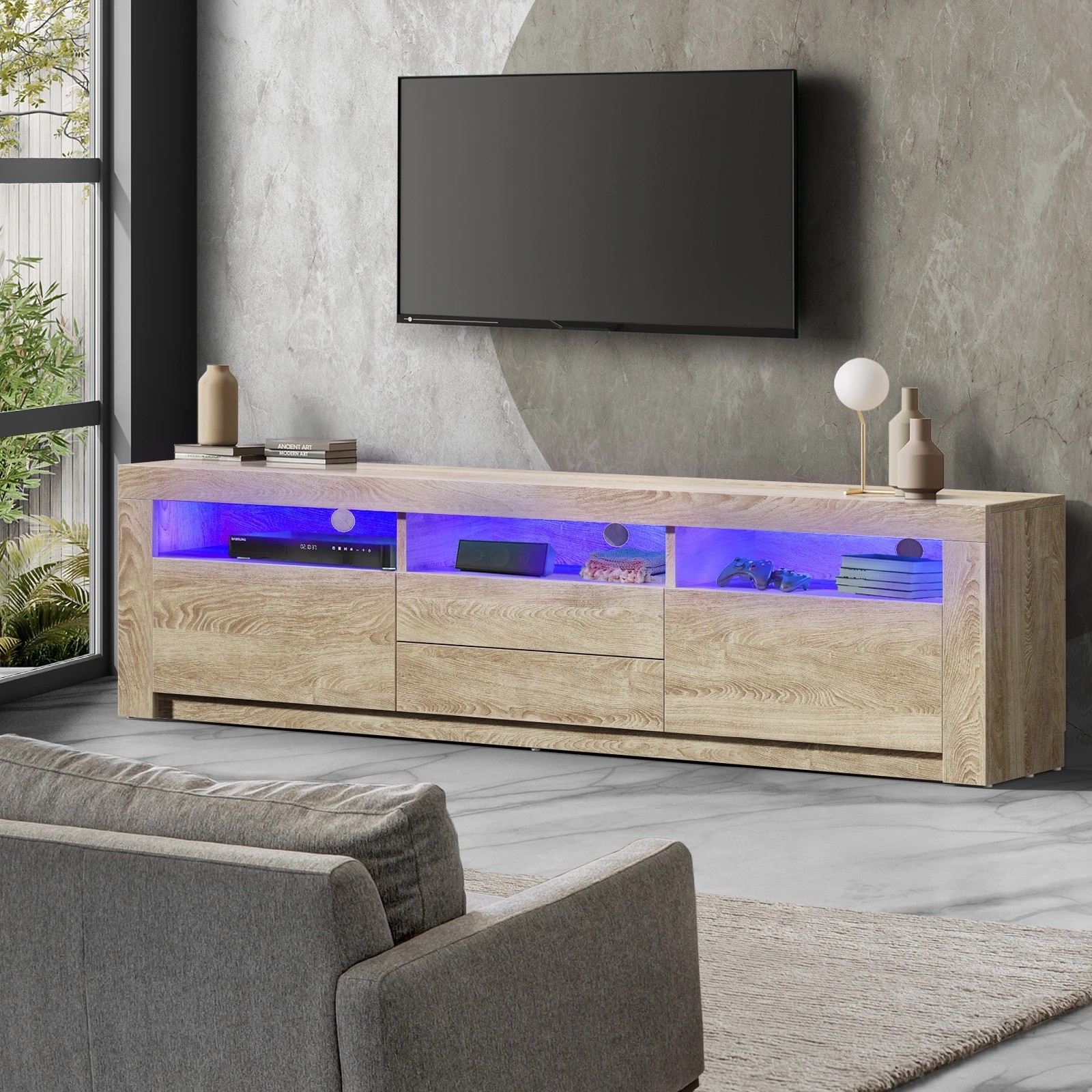 2 Oikiture Entertainment Unit Rgb Led Gloss Black 180cm
 - Natural, 2 of 9